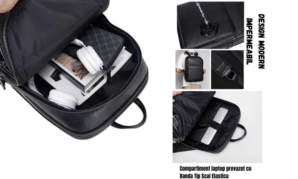 rucsac piele barbati impermeabil negru